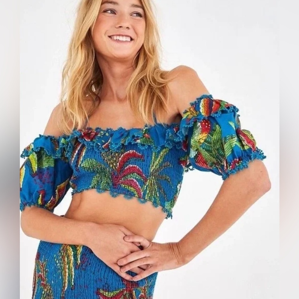 FARM Rio Blue Banana Crop Top- Off-Shoulder Blue Top
